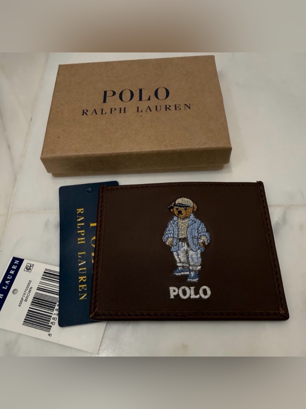 NEW Polo Ralph Lauren COASTAL BEAR Leather Slim Card Case Wallet - BROWN